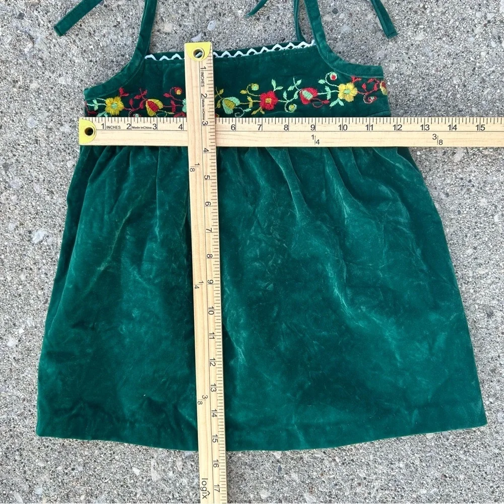 Vintage Toddler Green Velvet Dress Embroidered Floral Pinafore 2T 3T